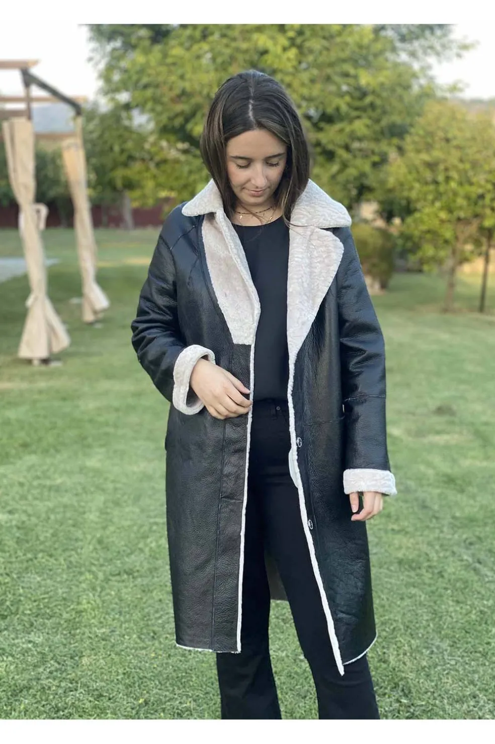 abrigo piel vuelta reversible Medinapiel perla beige negro