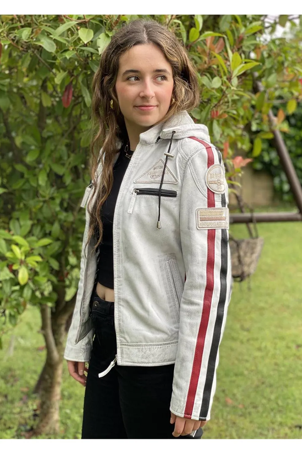 Cazadora de Cuero Mujer MDP Racing Dirty White