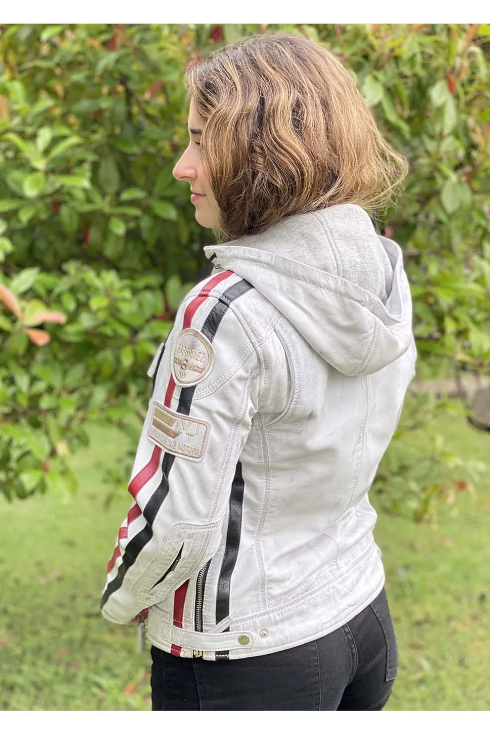 Cazadora de Cuero Mujer MDP Racing Dirty White