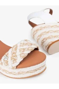 Sandalia Mujer Popa cuña alta bando cabriola blanco con hebilla